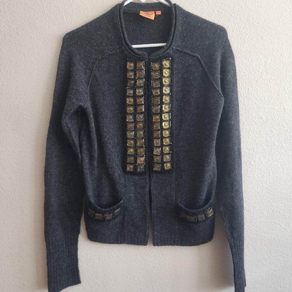 Tory Burch Sweater Womens Medium Gray Wool Embellished Cardigan Beaded Pockets